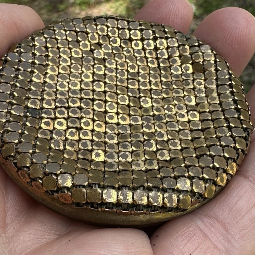 VTG Galleon Ship Powder Compact Gold Tone Guilloché Foil Nautical Vanity Compact